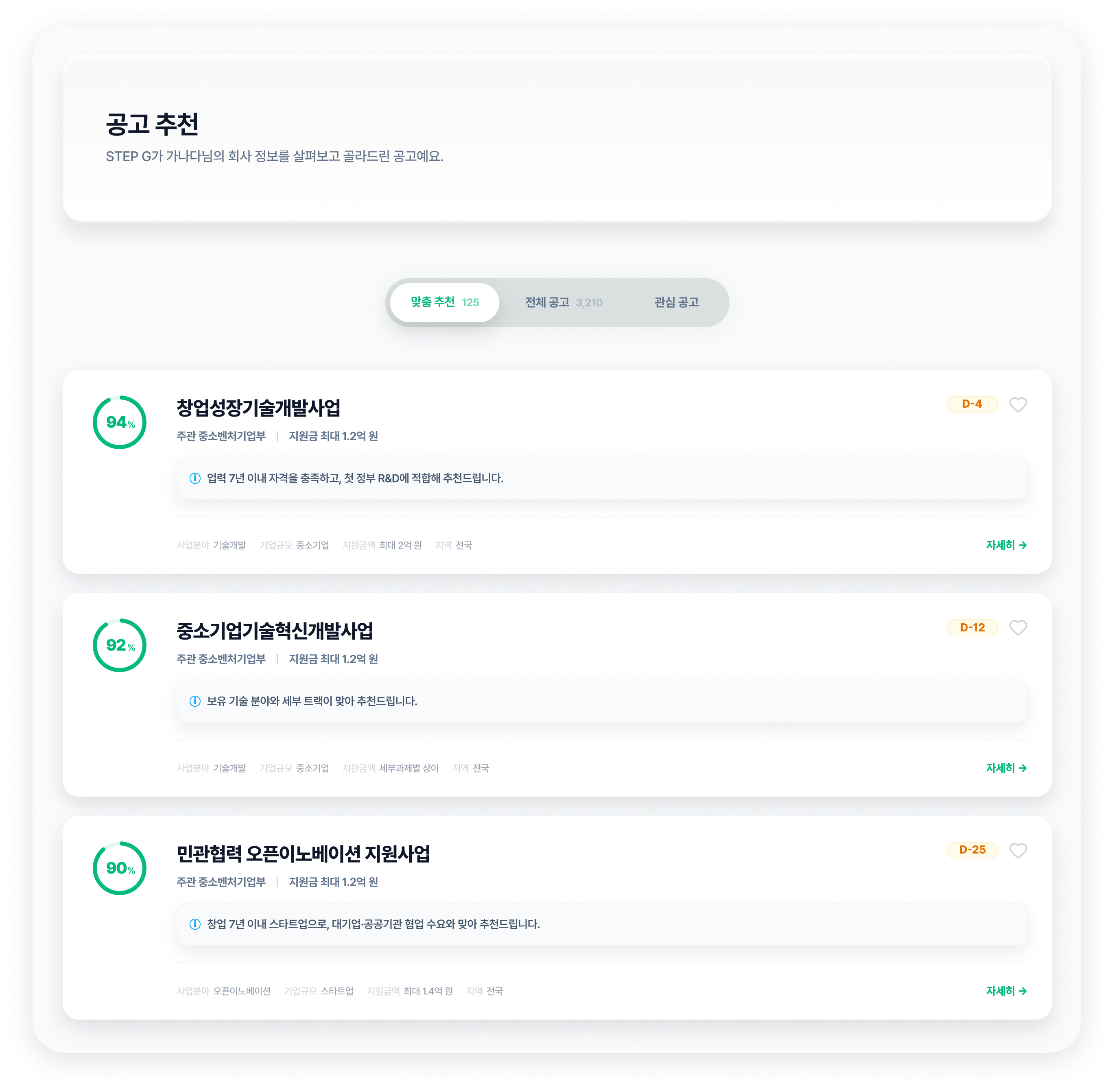 맞춤 공고 추천 화면